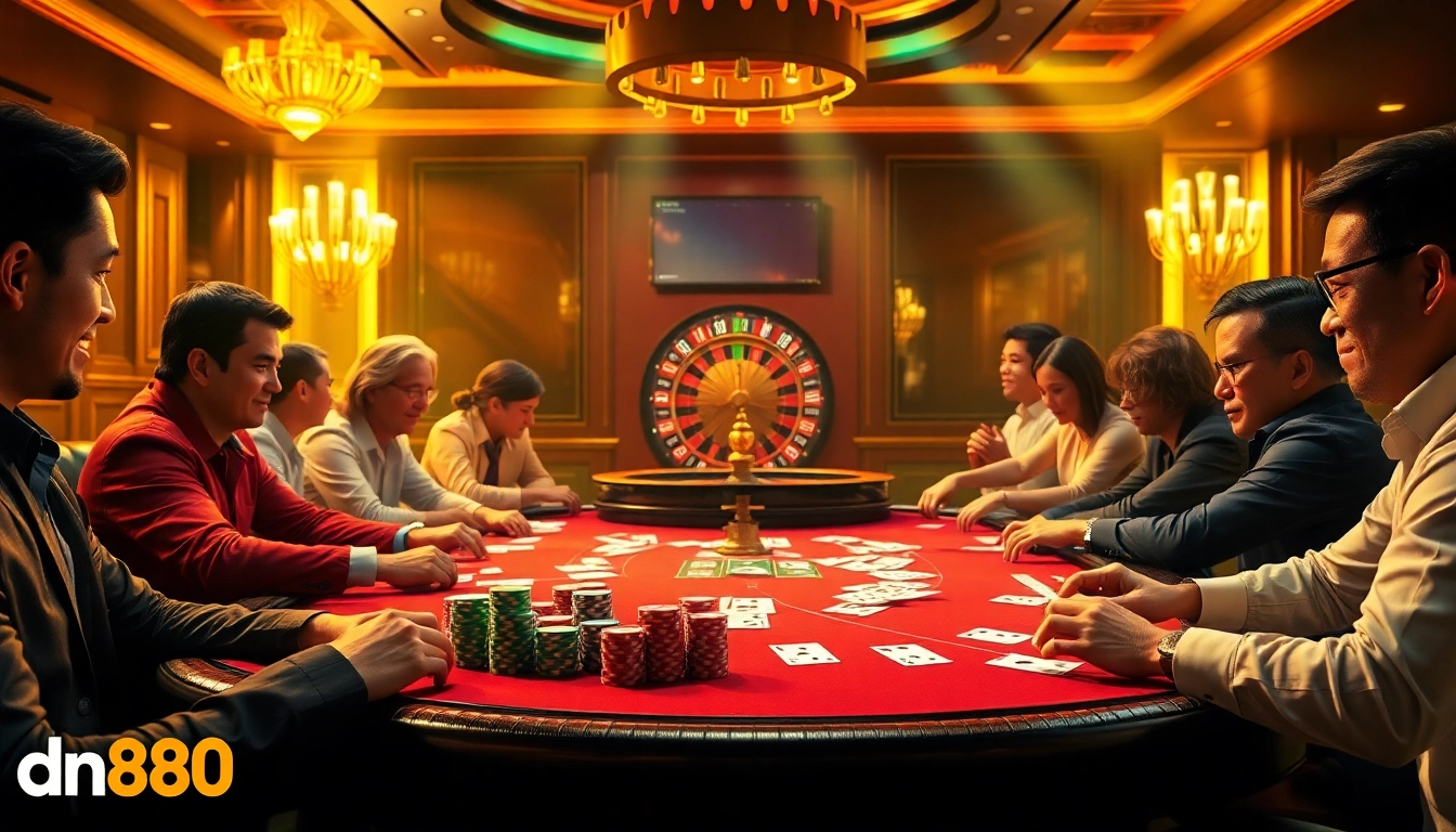 Exciting high-stakes poker game at dn888 casino featuring vibrant chips and cards.