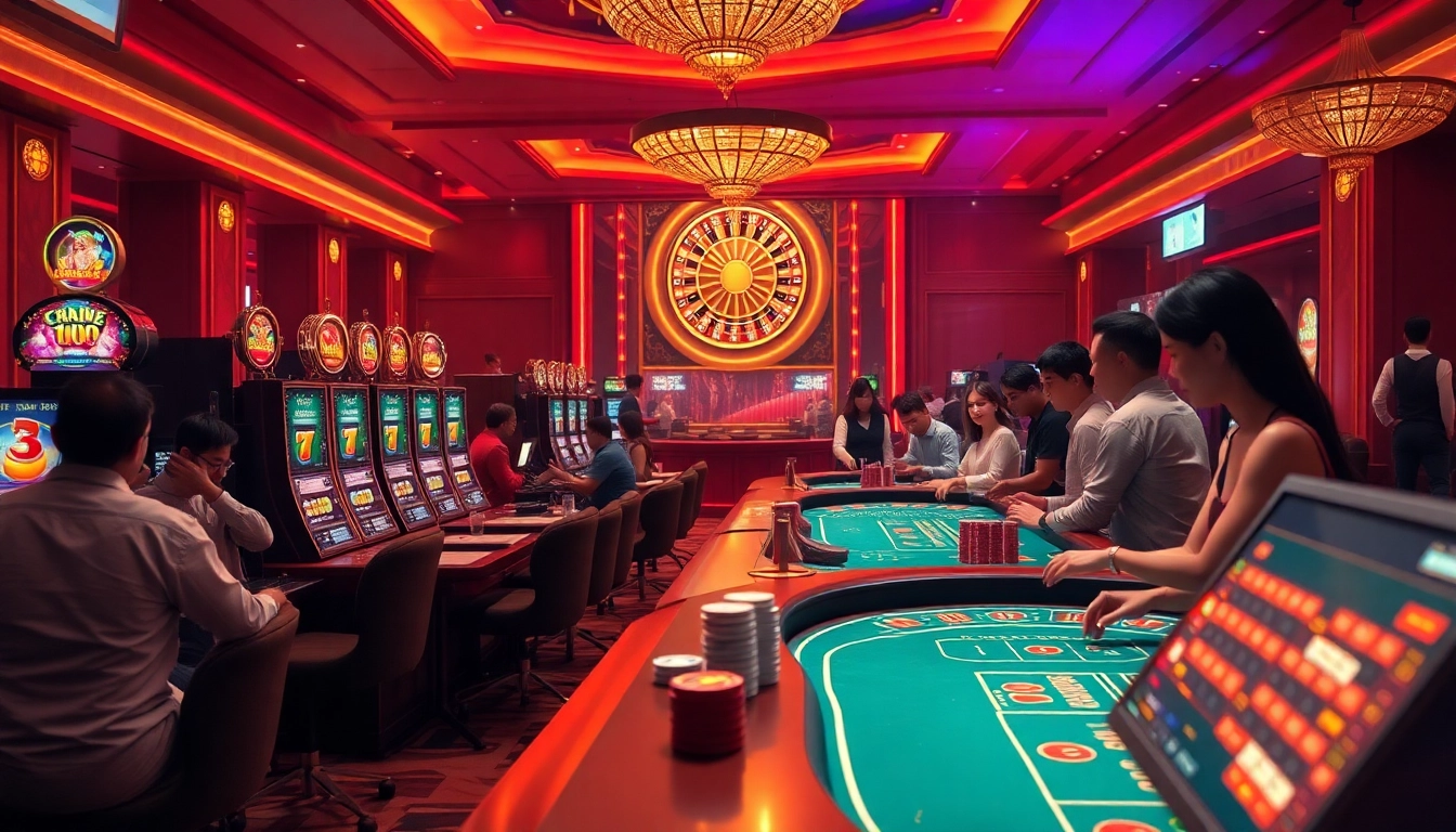 Players enjoying games at nk88 casino with vibrant slot machines and roulette.