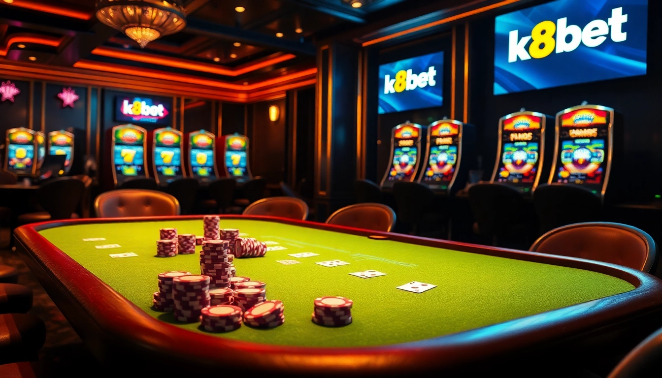 K8BET players enjoy excitement around a glamorous poker table in a luxurious casino.