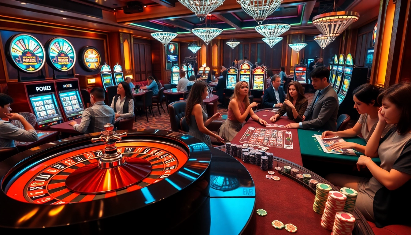 Players enjoy gambling at a vibrant casino with roulette wheels and slot machines, showcasing https://mb66-th.com/ excitement.