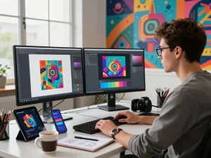 Creative professional generating an image to prompt in a modern workspace.