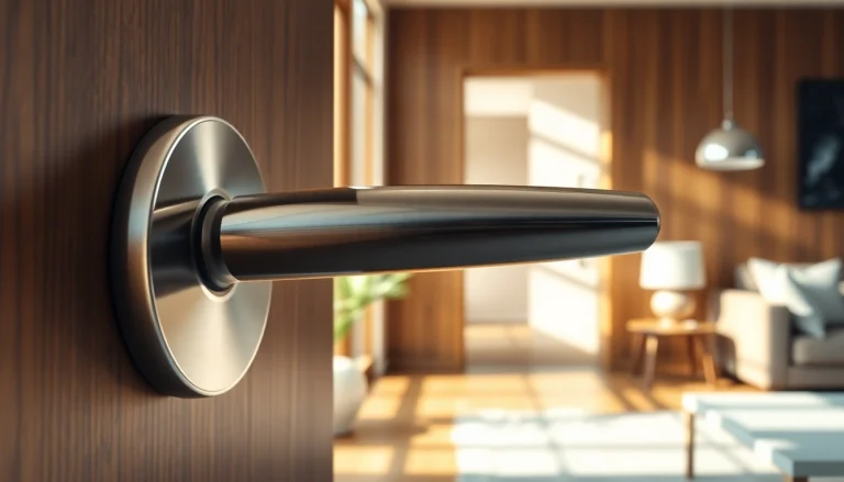 Showcasing a contemporary door handle in a stylish interior setting with natural light.