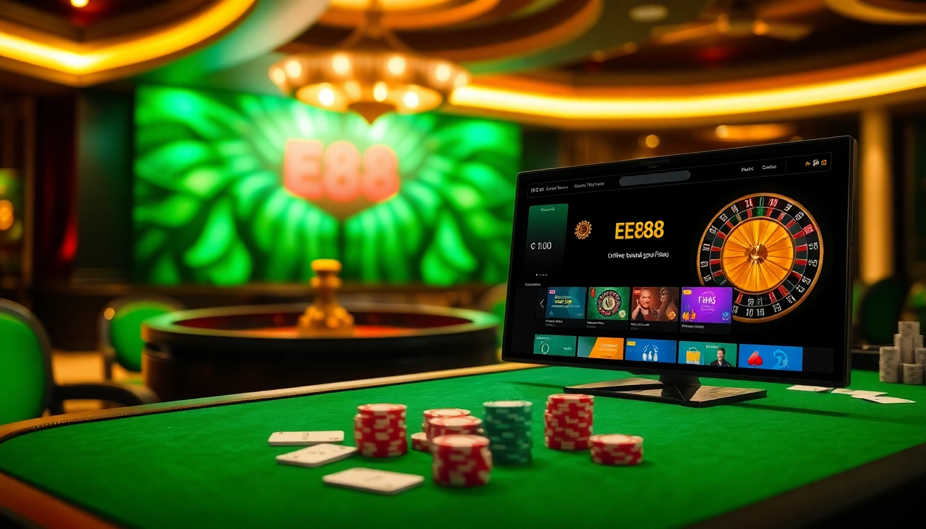 Engage with EE88's vibrant gaming experience featuring poker chips and an interactive online interface.
