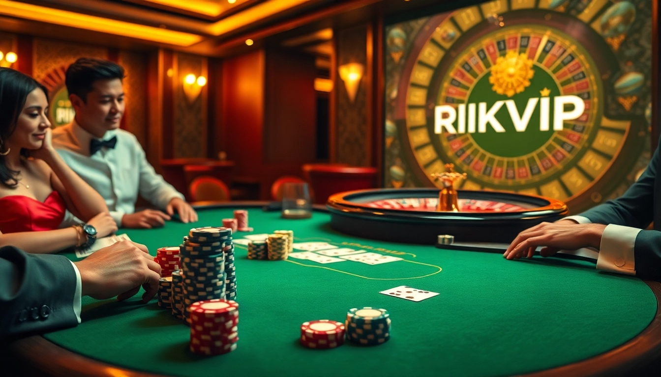Exciting blackjack action at a RIKVIP casino table showcasing vibrant chips and cards.