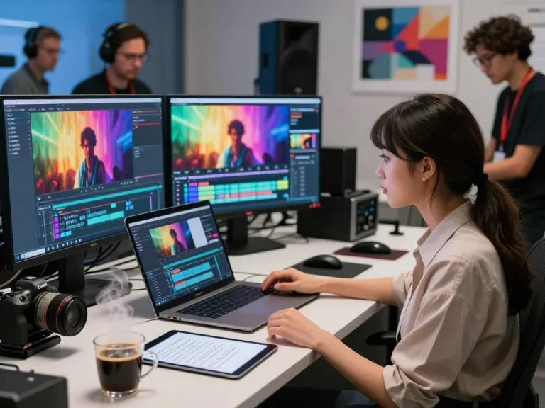 Video to prompt generator in action at a video production studio, highlighting creative collaboration and AI-driven technology.