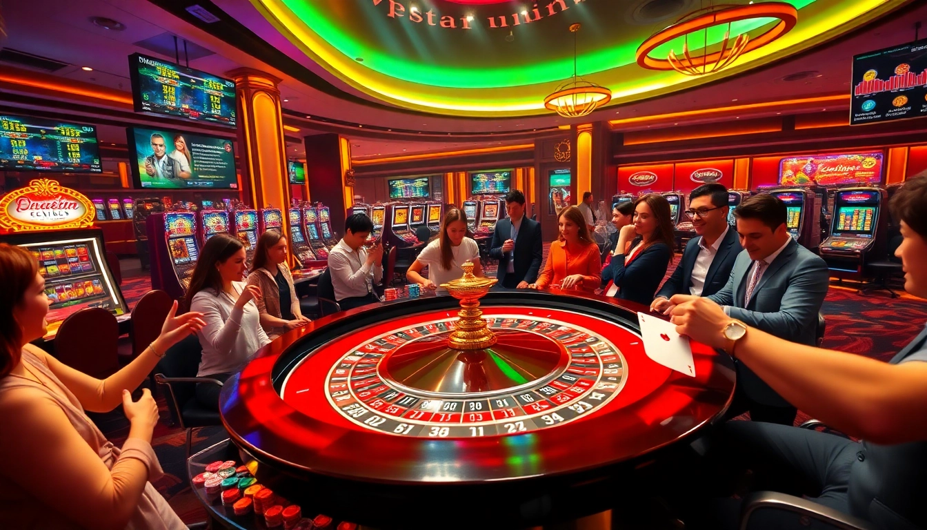 Experience the thrill of gambling at https://s8esra.com/, featuring a vibrant casino scene with roulette, chips, and excited players.