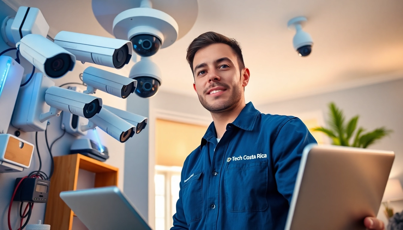 Soporte técnico en cámaras de seguridad con un técnico instalando cámaras IP en un entorno doméstico moderno.