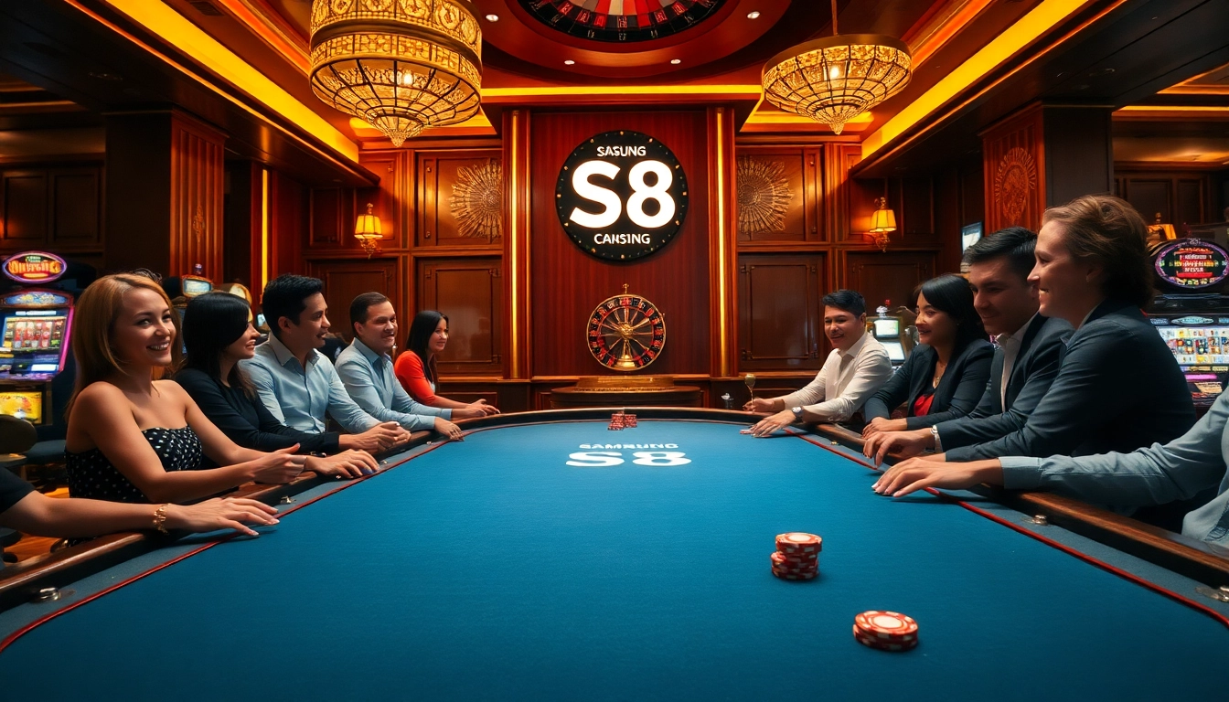S8 casino action with players at a modern poker table amid vibrant gaming atmosphere.