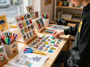 Custom acrylic pins displayed in a stylish urban setting, showcasing creativity and vibrant designs.