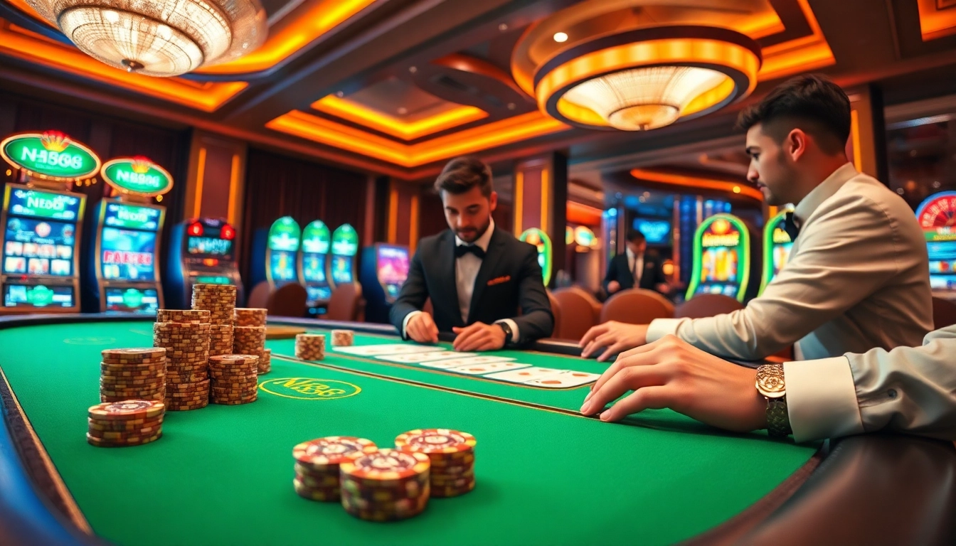 Players enjoying an NH88-themed poker game at a luxurious casino table.