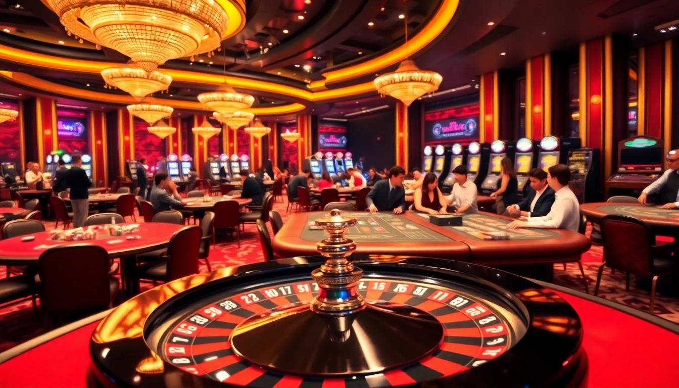 Max88 gamblers thrill at the roulette wheel in a luxurious casino setting.