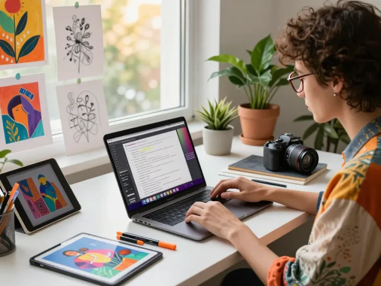 Artist generating AI image prompts in a vibrant digital workspace filled with art supplies and natural light.