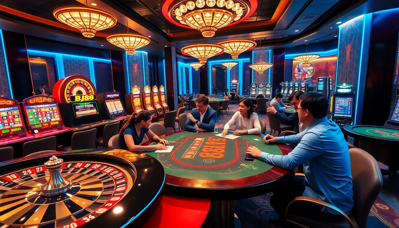 Engaged players strategizing their bets at a BJ88-branded blackjack table in a luxurious casino.