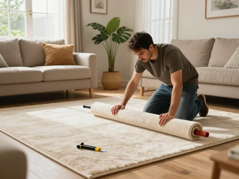 Residential carpet installation process in a cozy living room with a professional installer laying new plush carpet.