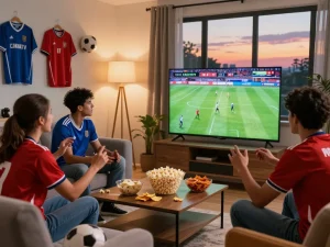 Cakhiatv fans engaged in a thrilling soccer match viewing experience in a cozy living room.