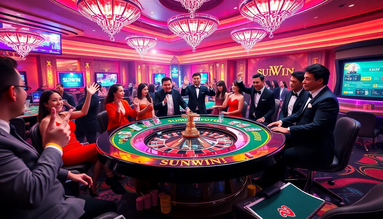 Players engaging with the SUNWIN casino gaming table, showcasing excitement in a vibrant gambling scene.