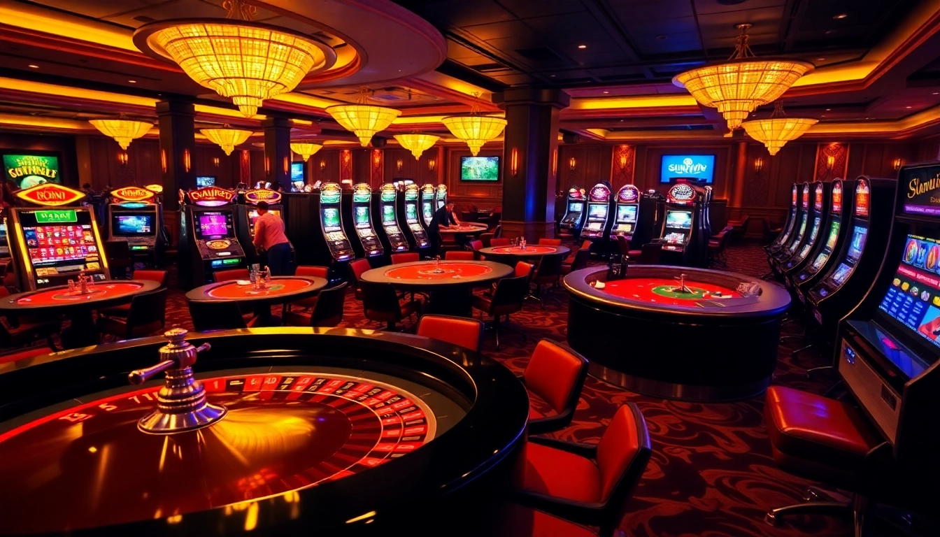 Players enjoying a thrilling game at sunwin casino, with vibrant slot machines and a lively ambiance.
