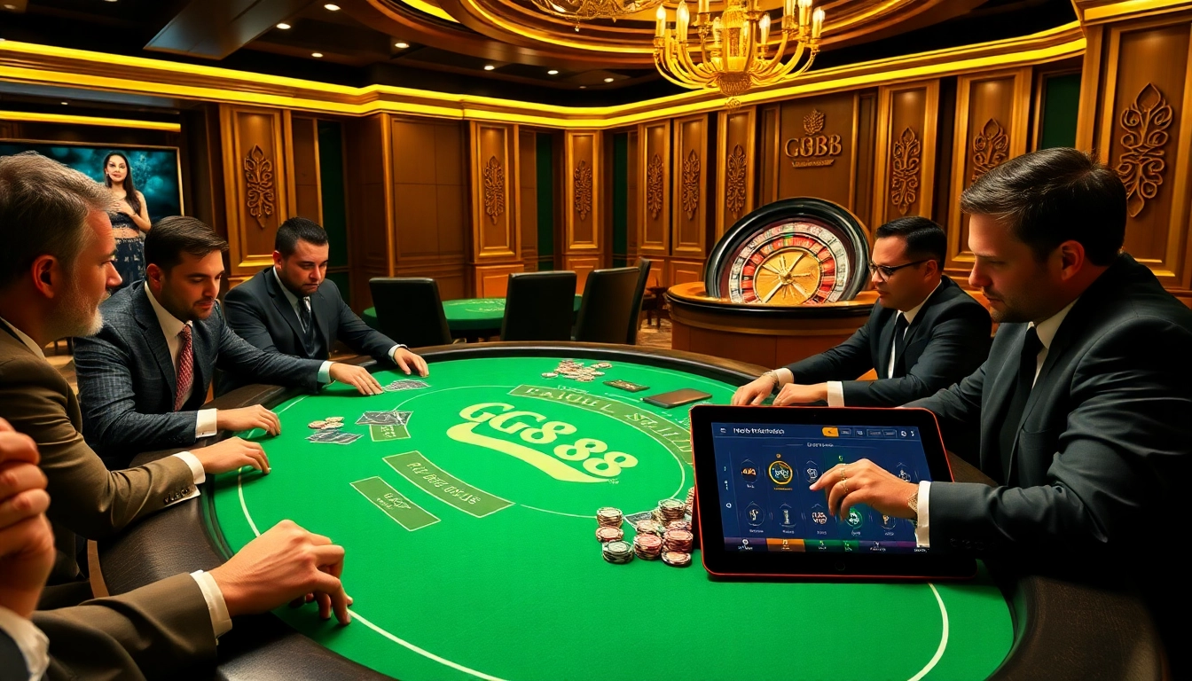 Players enjoying an exciting game at the GG88 casino poker table, featuring vibrant cards and chips.