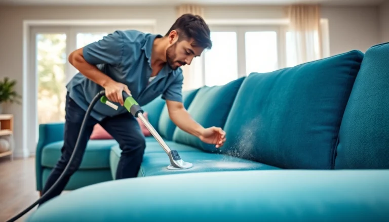 Couch cleaning in Glasgow demonstrated by a professional in a bright, inviting living room.