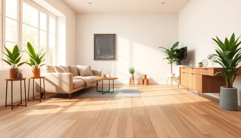Showcase discount vinyl flooring in a contemporary home setting with warm sand tones and natural light.