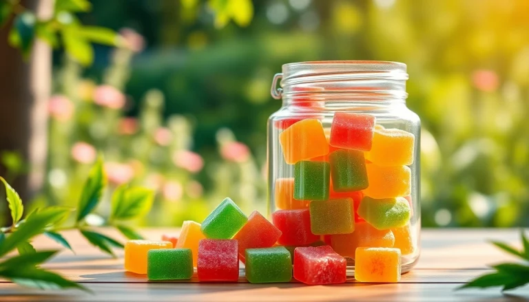 Buy legal THC gummies UK displayed in a backyard setting, highlighting vibrant colors and textures.