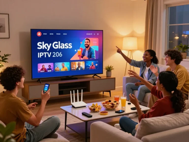 Friends watching Sky Glass IPTV Updated APP 2026 together, enjoying a lively home entertainment experience.