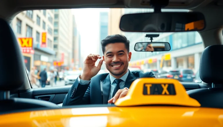 Taxi driver smiling inside modern taxi cab surrounded by busy city traffic.