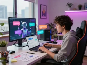 User immersed in engaging ai nsfw chat on a sleek laptop in a vibrant workspace.