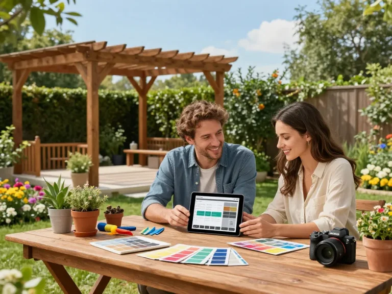 Couple using a pergola configurator to design their dream outdoor space with lush greenery.