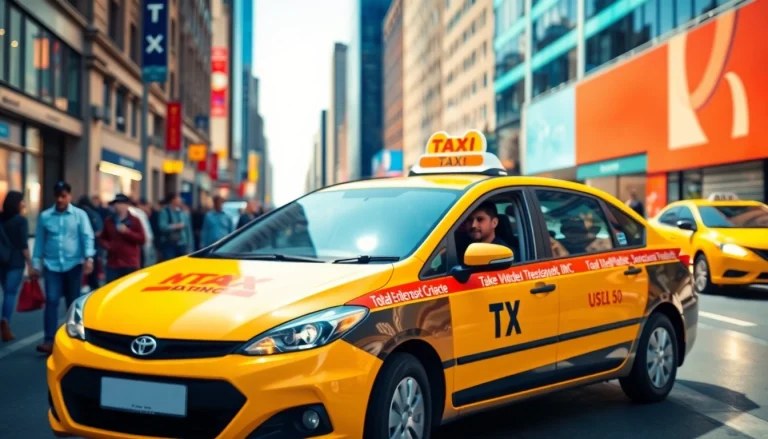 Taxi driving through a lively city street, showcasing urban transportation.