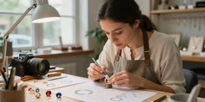 Artisan crafting a bespoke diamond ring uk in a jewelry design studio with gemstones and tools.