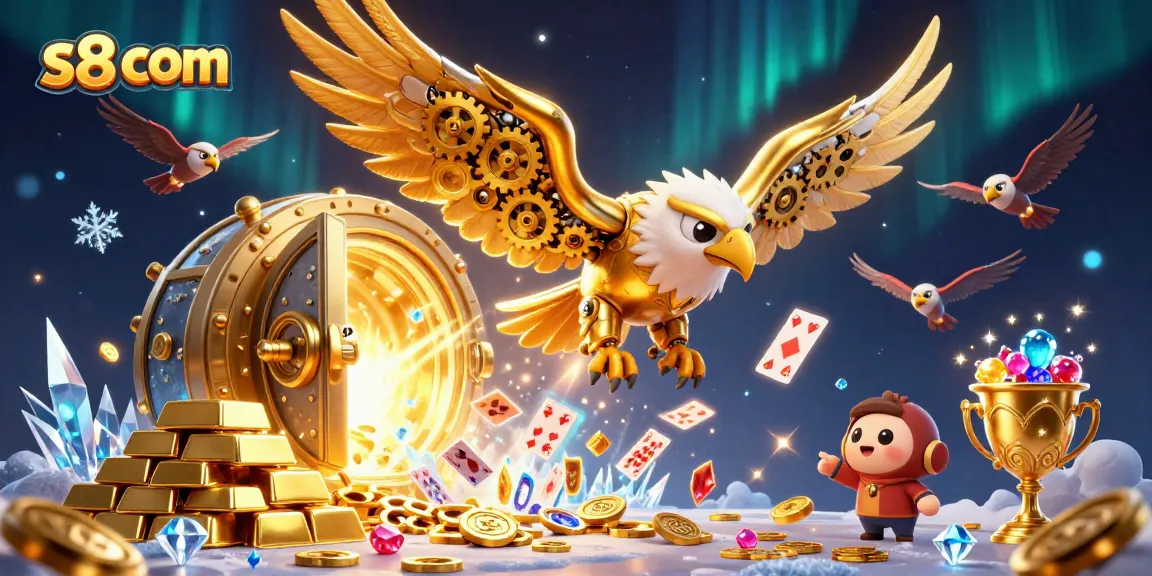 Shoot to win with S8 com in a vibrant 3D casino world featuring a golden eagle and treasure.