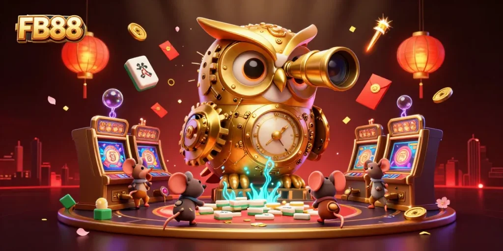Engage with FB88's vibrant casino scene featuring a golden owl and lively game elements.