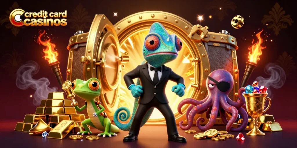 Experience the thrill of credit card casinos with chameleon agents among treasures and jewels.