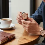 Explore super clone watches in an elegant urban café setting with luxury elements.
