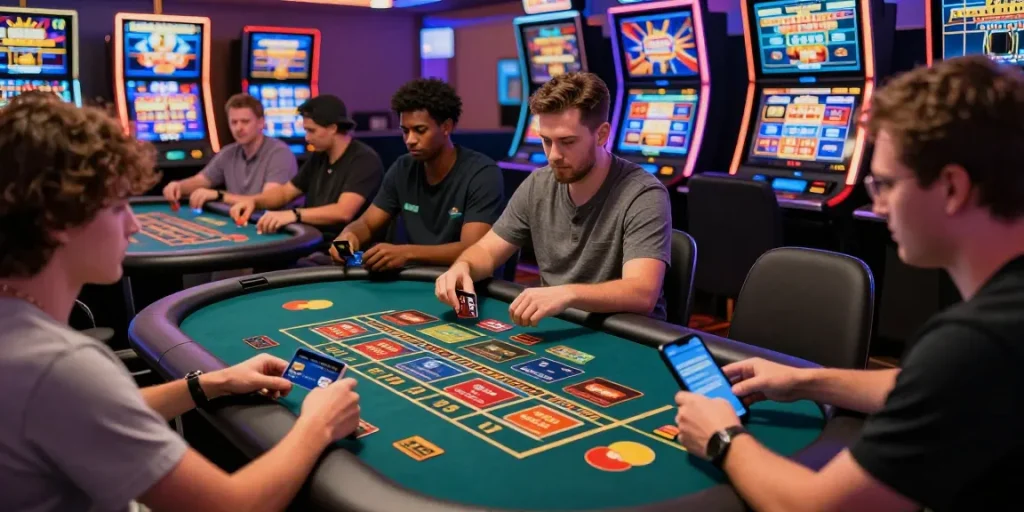 Exciting scene of diverse players at online casinos that accept credit cards, enjoying various games and depositing funds.