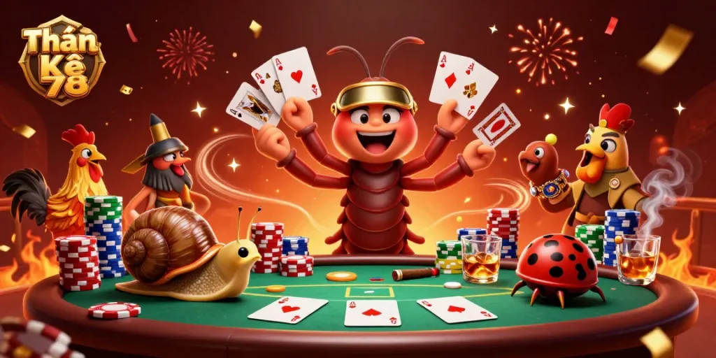 Thần Kê 78 showcases dynamic cockfighting action with a millipede dealer, colorful chips, and vibrant energy.