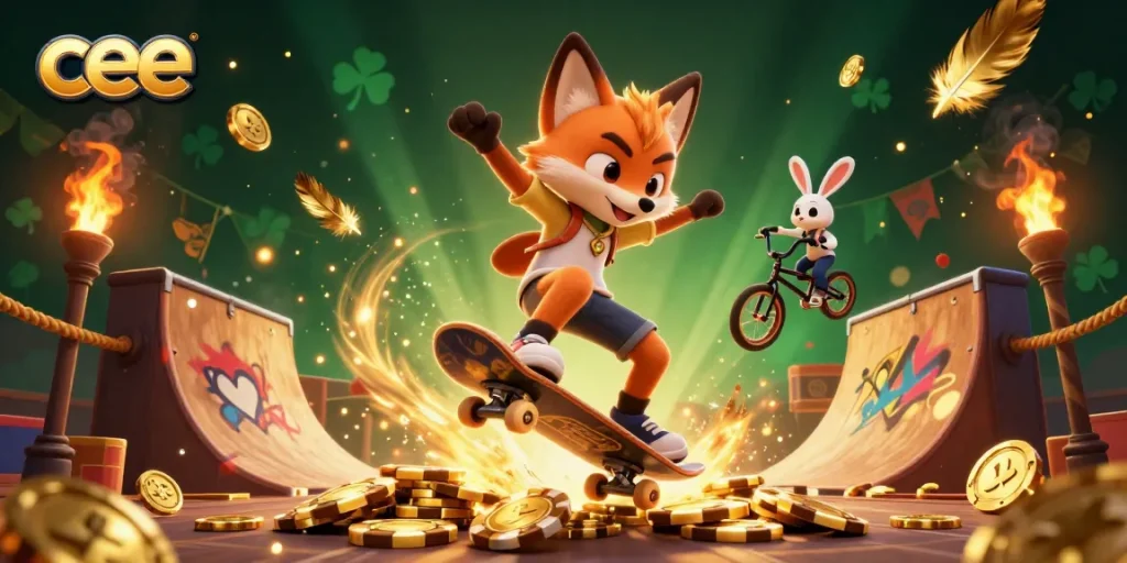 Engage with cee's vibrant casino atmosphere featuring animated fox and rabbit characters showcasing gaming excitement.