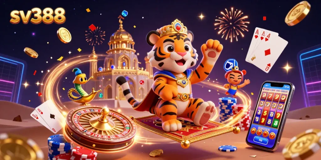 Experience the excitement of sv388 with a vibrant 3D casino scene featuring a tiger sultan and animated gambling elements.