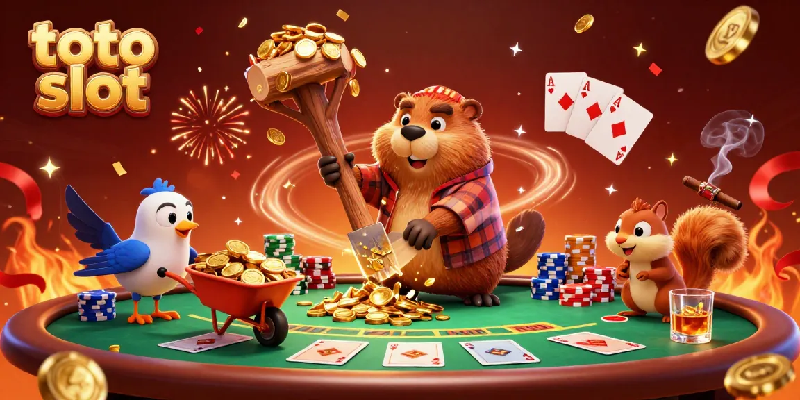 Toto slot excitement captured with a lively scene featuring coin rain, poker elements, and colorful characters.