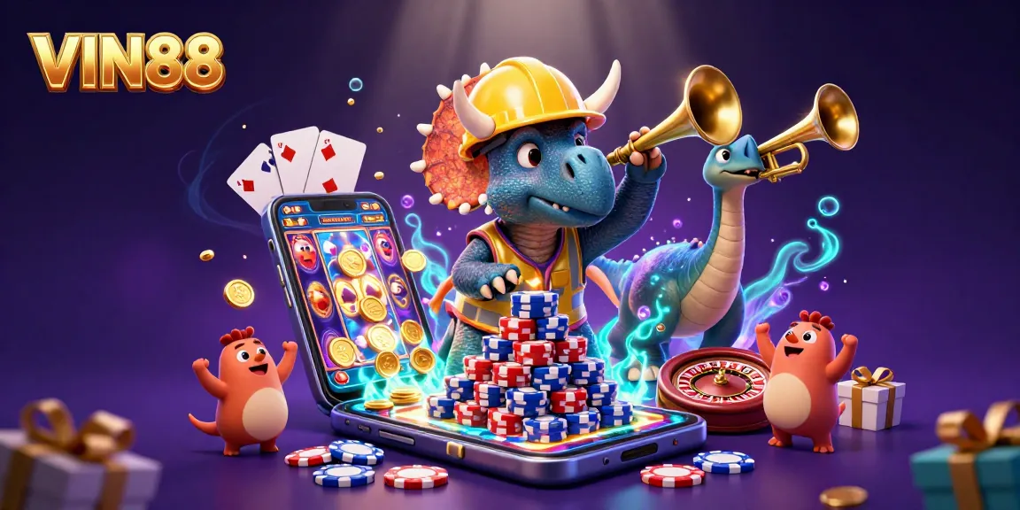 Engage in thrilling gameplay at VIN88 with festive characters celebrating at a vibrant casino.