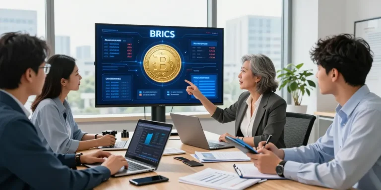 Invest in BRICS coins: a dynamic investment meeting with diverse investors analyzing market trends and strategies.