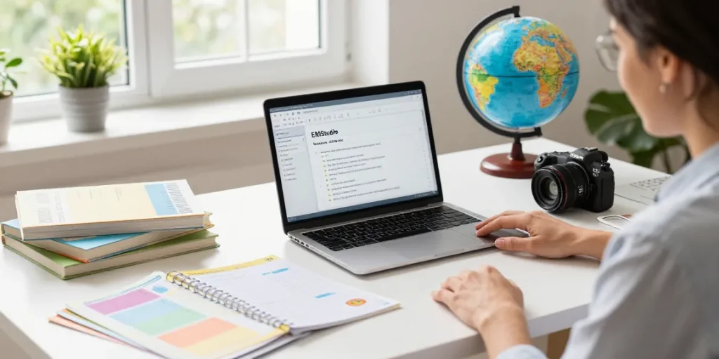 Productive workspace showcasing an online teacher planner, EMStudio interface, and educational materials in a well-lit environment.