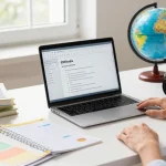Productive workspace showcasing an online teacher planner, EMStudio interface, and educational materials in a well-lit environment.