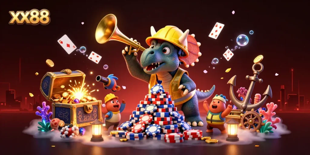Experience the excitement of winning at xx88 with dynamic gaming elements and thrilling characters in a vibrant casino scene.