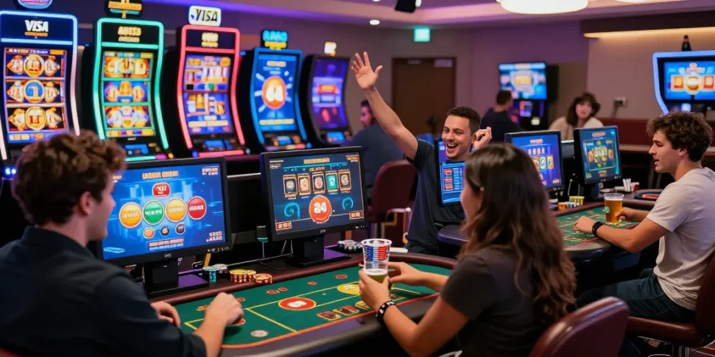 Engaging scene of diverse players at credit card casinos enjoying games with Visa, Mastercard, and Amex payment options.