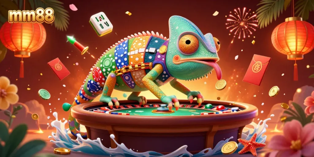 Engage with mm88’s vibrant casino atmosphere featuring a chameleon-themed scene filled with gamified elements.