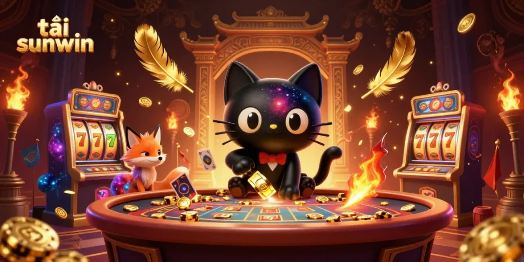 Engage with the cosmic fun at tải sunwin, featuring a black hole cat at a vibrant casino scene.