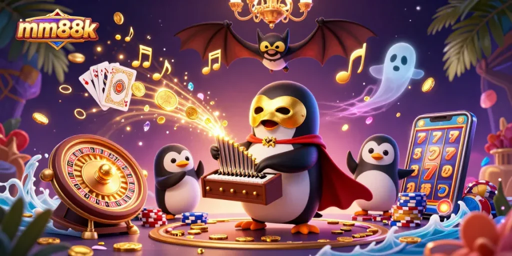 Experience the excitement of mm88k with a penguin playing an organ that shoots coins while casino treasures abound.