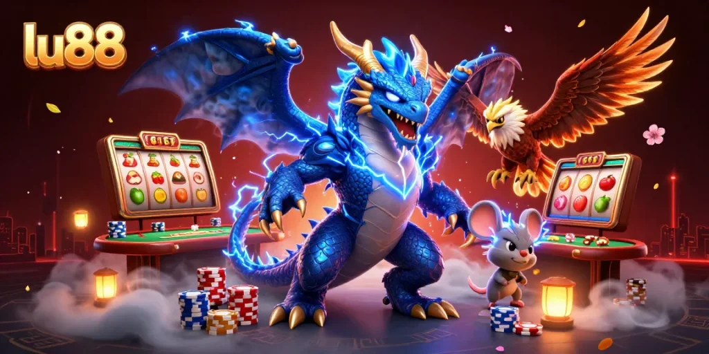 Experience the thrill of slots with lu88's colorful gaming scene highlighting dynamic jackpots and exciting characters.